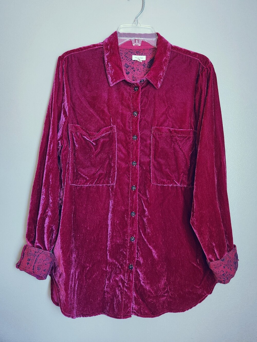 Pilcro Anthropologie Velvet Button-Up Shirt in Deep Berry Size Large